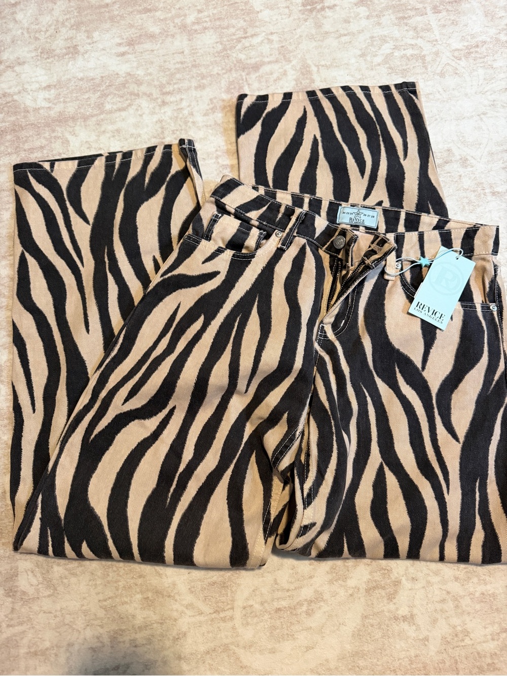 REVICE Zebra-Print Wide-Leg Jeans in Tan & Black